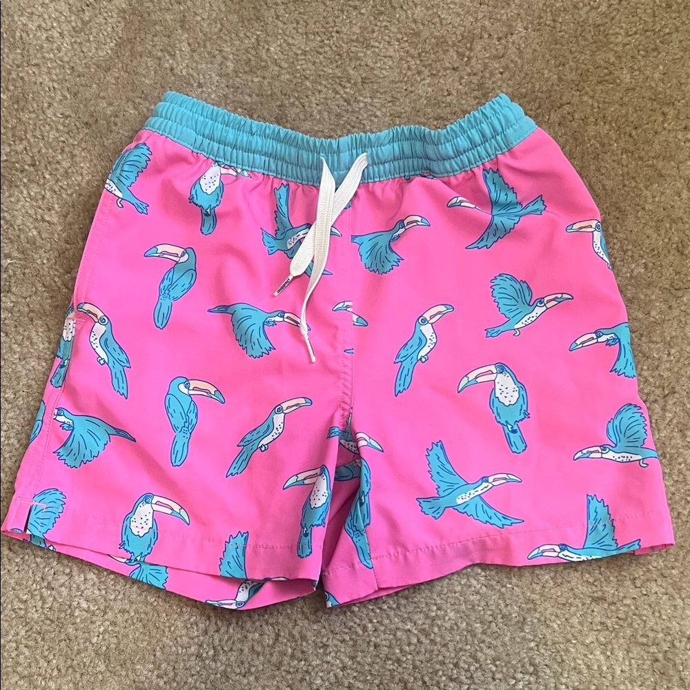 Chubbies Kids Swim Trunks with Pink and Blue Toucan Design